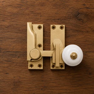 Peut inclure: Un loquet de fenêtre en laiton composé de deux plaques de montage rectangulaires avec des trous de vis pré-percés, un bras de verrouillage pivotant et un bouton rond en céramique blanche avec un petit détail central en laiton.