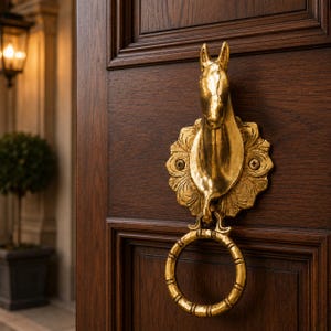 May include: A brass horse head door knocker with a ring handle, fixed to a dark brown wooden door. The horse head is surrounded by a decorative floral design.