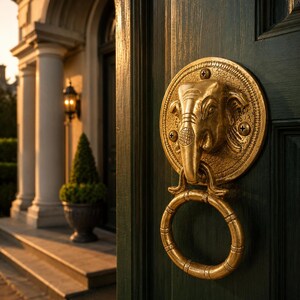May include: A gold-colored elephant-shaped door knocker with a ring handle. The knocker is mounted on a dark green door. The background shows a house entrance with steps, columns, and a lamp.