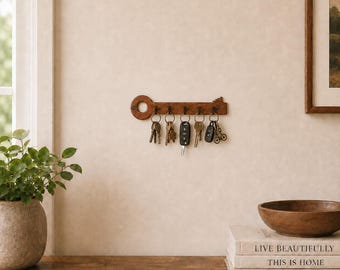 Brass Skeleton Key Holder for Wall, 5 Hook Key Rack, Antique Style Key Organizer, Vintage Inspired Entryway Decor