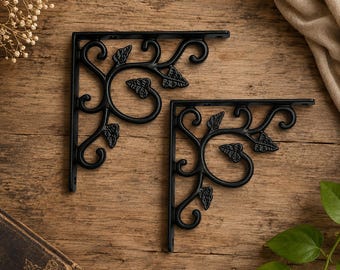 Decorative Black Shelf Brackets Set of 2, Farmhouse Floating Shelf Brackets, Vintage Metal Wall Shelf Support, Rustic Ivy Corbels.