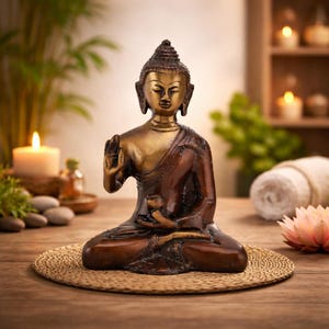 Pode incluir: Uma estátua de Buda em bronze, em posição de meditação sentada. A estátua tem cabeça e parte superior do corpo douradas, com uma túnica castanha escura. Está sobre um tapete redondo e tecido. O fundo inclui velas, plantas e uma toalha enrolada.