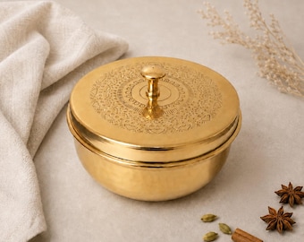 Solid Brass Dry Fruit Box with Lid, Hammered Brass Sweet & Nut Container, Engraved Indian Storage Box, Diwali Wedding Housewarming Gift