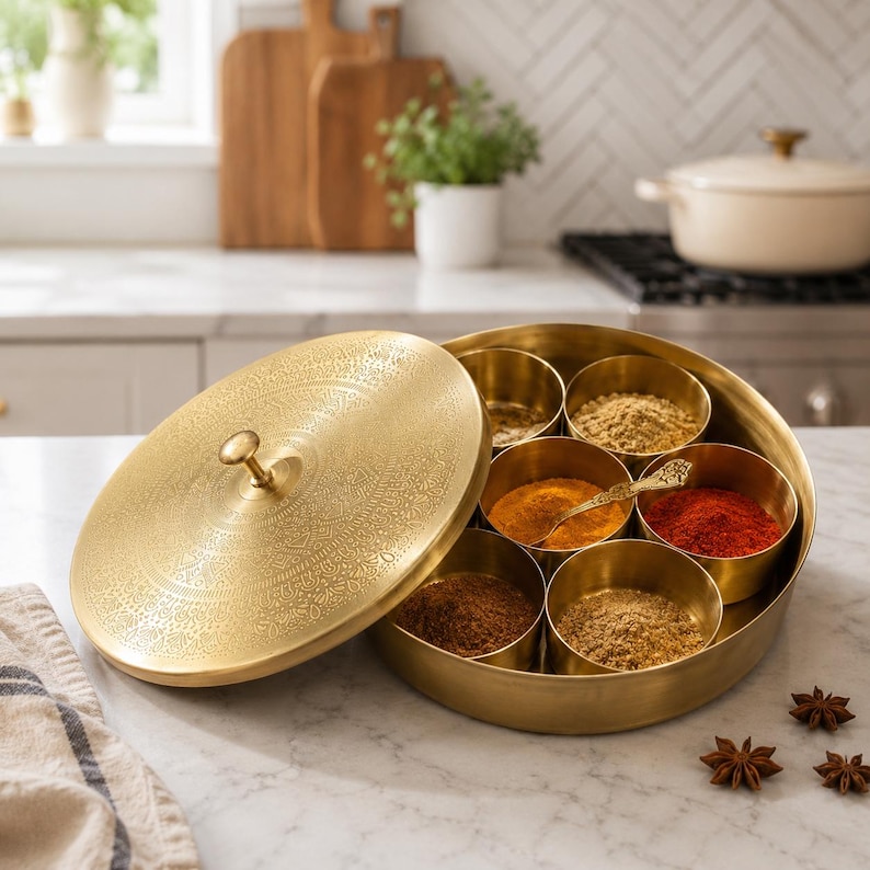 May include: A round brass spice box with an etched lid and seven internal containers filled with various colorful ground spices. The container features a central knob on the lid and a metallic finish, providing a storage solution for kitchen spices.