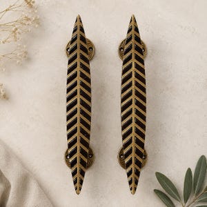 Brass Feather Door Pull Handle – 12 Inch Antique Gold Leaf Handle, Heavy Entry Door Hardware, 8 Inch Centers