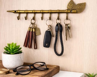 Brass Peacock Key Holder | Indian Handcrafted Wall Mount Organizer, Antique Finish