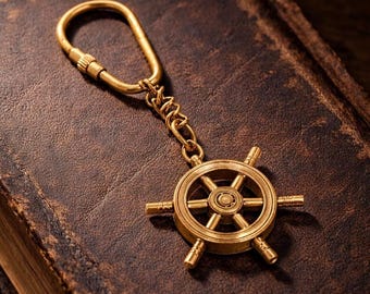 Solid Brass Ship Wheel Keychain, Nautical Helm Key Holder, Vintage Marine Accessory