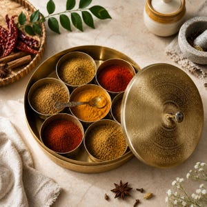 May include: A round brass spice container featuring seven small removable bowls filled with various ground spices, including red chili powder and turmeric. A small metal spoon rests inside one bowl, and a matching engraved brass lid sits beside it.