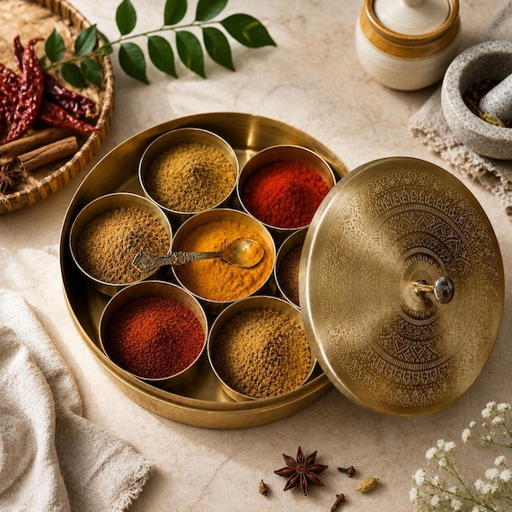 Handcrafted Brass Spice Box Masala Dabba with 7 Containers & Spoon | Indian Spice Storage Organizer | Traditional Kitchen Decor Gift