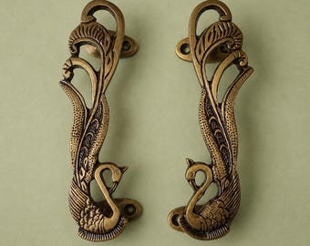Solid Brass Peacock Door Handles Pair, 7 Inch Antique Brass Door Pull, Ornate Peacock Handles, Vintage Cabinet Wardrobe Hardware