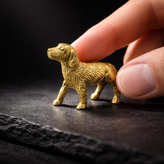 A solid brass miniature dog statue handcrafted with real weight and permanence — the kind of desk object that becomes a decades-long conversation piece.