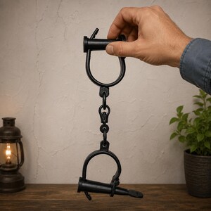 May include: A pair of black metal shackles featuring two circular cuffs connected by a central swivel chain link. The shackles have a locking mechanism with a cylindrical pin and a flat tab, designed for securing wrists or ankles in a fixed position.