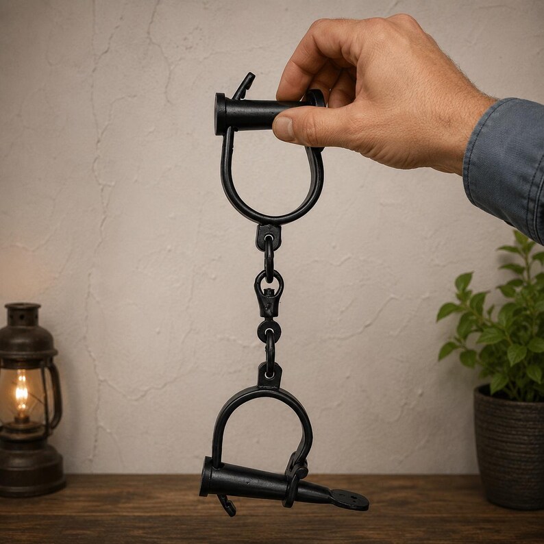 May include: A pair of black metal shackles featuring two circular cuffs connected by a central swivel chain link. The shackles have a locking mechanism with a cylindrical pin and a flat tab, designed for securing wrists or ankles in a fixed position.