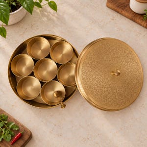 May include: A round brass spice box featuring seven small removable circular containers inside and a matching lid with an intricate floral etched pattern. A small brass spoon rests inside one of the containers. The set has a polished gold finish.