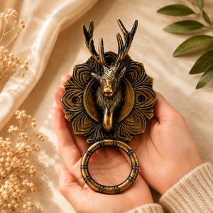 Pode incluir: Um aldravão de porta em metal de tom bronze com uma cabeça de veado esculpida com chifres, centrada numa placa circular ornamentada com padrões florais. O design inclui um anel circular fixado na parte inferior e dois orifícios para parafusos.