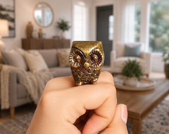 Small Solid Brass Owl Figurine, Handmade Mini Owl Statue, Vintage Brass Bird Decor, Owl Paperweight, Desk Shelf Decor, Owl Lover Gift