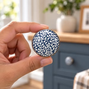 Tirador de cerámica azul y blanco para armario, tirador botánico azul marino para cajón, pomo floral para cómoda, herrajes decorativos para armarios de cocina.