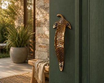Solid Brass Leaf Door Handle, Nature Inspired Cabinet Pull, Vintage Wardrobe Hardware