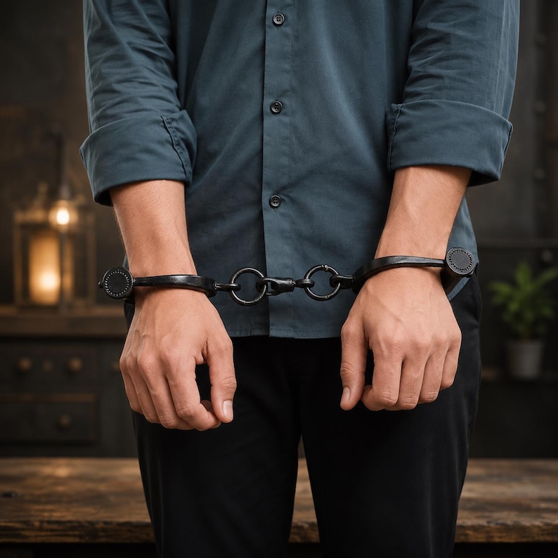 May include: A pair of black metal shackles featuring two circular wrist cuffs connected by a central chain link mechanism. The cuffs have a textured, circular plate design on the outer edges and a smooth, curved metal bar construction.