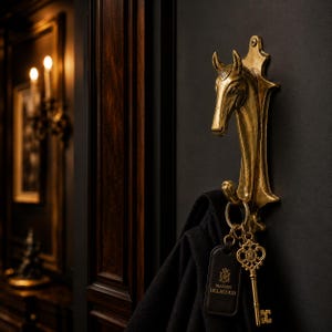 Op de afbeelding: Een messing wandhaak met een paardenkop met een jas en sleutels eraan. De haak is aan een donkere muur bevestigd. De sleutels hebben een decoratieve sleutel en een leren label met "MAISON DELACOUR".