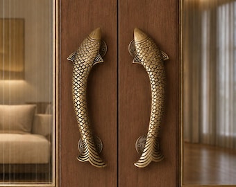 Brass Fish Door Handle, 12" Solid Brass Door Pull, Nautical Entry Door Handle, Antique Brass Fish Handle, Coastal Front Door Hardware