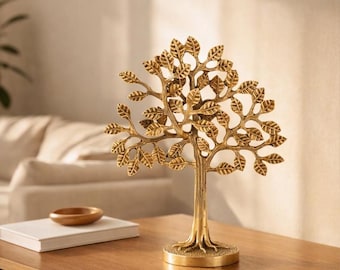 Brass Tree of Life Sculpture, Golden Statue Decor, Desk Accent, Positive Energy Brass Art