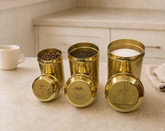 Brass Coffee Tea Sugar Canister Set of 3, Solid Brass Kitchen Storage Jars, Engraved Vintage Canisters, Gold Kitchen Decor Gift