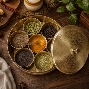 May include: A round brass spice box featuring seven internal containers filled with various spices including green cardamom, black peppercorns, cumin seeds, turmeric powder, mustard seeds, and fennel seeds, with a matching engraved lid.