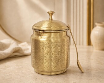 Brass Ghee Pot with Spoon & Lid, Engraved Ghee Container, Traditional Indian Kitchenware, Ghee Jar, Housewarming Gift