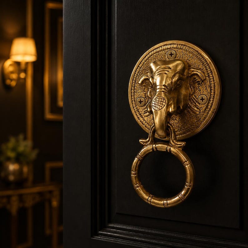 May include: A brass elephant-head door knocker mounted on a black door. The knocker features a detailed elephant head with a ring for knocking. The background is dark, with a wall sconce and a glimpse of a table.