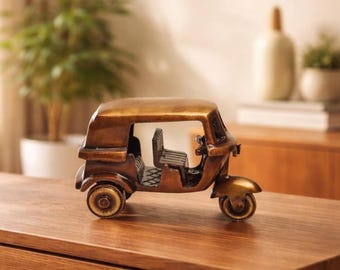 Handcrafted Brass Auto Rickshaw Miniature | Vintage Tuk Tuk Indian Showpiece, Desk Decor