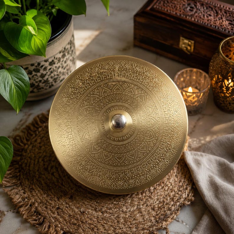 May include: A circular brass container lid featuring an intricate, embossed mandala-style pattern across its surface. The lid has a polished, metallic gold finish and a small, smooth, silver-toned knob centered at the top for easy lifting.