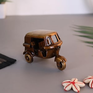 Handcrafted Brass Auto Rickshaw Miniature | Vintage Tuk Tuk Indian Showpiece, Desk Decor image 2