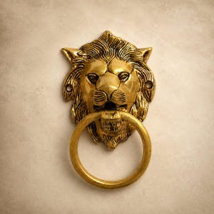 Op de afbeelding: Een goudkleurige metalen deurklopper in de vorm van een leeuwenkop met een cirkelvormige ring in de bek. De leeuw heeft gedetailleerde manenstructuren en twee montagegaten aan de zijkanten. De afwerking heeft een gepolijste metalen glans.