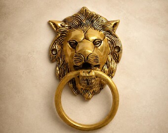 Solid Brass Lion Head Door Knocker, Antique Brass Ring Knocker, Vintage Front Door Hardware, Victorian Lion Door Decor, Housewarming Gift