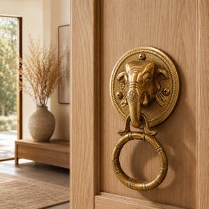 May include: A brass elephant head door knocker with a circular handle. The knocker is mounted on a light-colored wooden door. The elephant head is detailed with tusks, ears, and a trunk. The handle is a ring with a textured design.