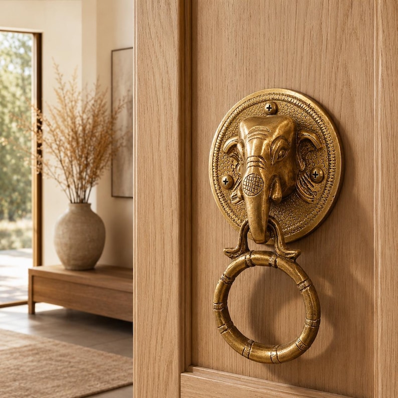 May include: A brass elephant head door knocker with a circular handle. The knocker is mounted on a light-colored wooden door. The elephant head is detailed with tusks, ears, and a trunk. The handle is a ring with a textured design.
