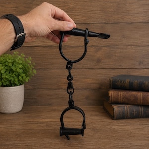 May include: A pair of black metal shackles featuring two circular cuffs connected by a central swivel link and chain. The shackles have a locking mechanism with a horizontal bar and a flat, rounded end piece, constructed from dark iron material.