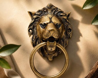 Solid Brass Lion Head Door Knocker | Antique Gothic Hardware | Victorian Front Door Decor