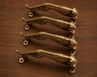 Solid Brass Tiger Door Handle, Antique Animal Cabinet Pull, Luxury Wardrobe Hardware