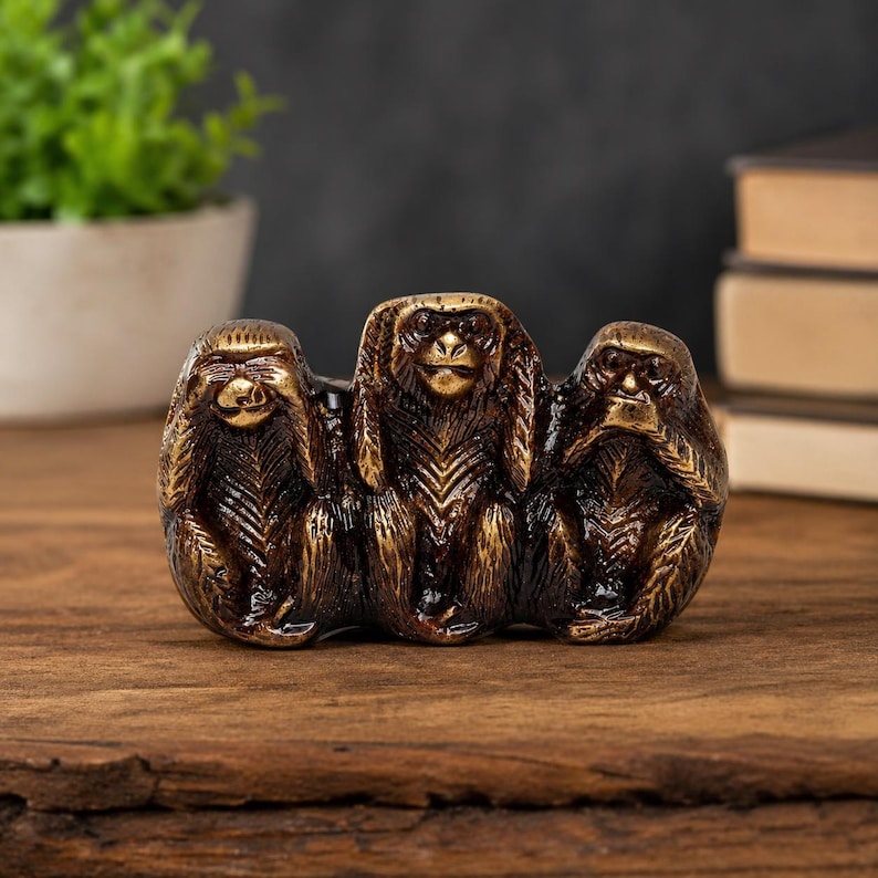 May include: A bronze sculpture depicting the three wise monkeys: see no evil, hear no evil, speak no evil. The monkeys are in a row, with their hands covering their eyes, ears, and mouth. The sculpture is on a wooden surface.