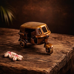 May include: A bronze-toned miniature auto rickshaw model, a three-wheeled vehicle, is displayed on a rustic wooden surface. The model features detailed wheels and a driver's area. Two small, white flower decorations with red detailing are also visible.