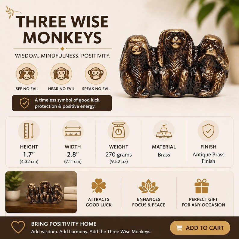 May include: A bronze-colored sculpture of the Three Wise Monkeys, representing "See no evil, hear no evil, speak no evil." The statue is 1.7 inches (4.32 cm) tall and 2.8 inches (7.11 cm) wide, made of brass with an antique brass finish. The text reads "Bring Positivity Home."