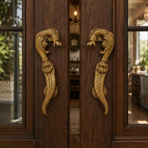 Könnte beinhalten: Ein Paar verzierte, goldfarbene Metalltürgriffe an einer doppelflügeligen Tür aus dunkelbraunem Holz. Jeder Griff weist ein geschwungenes, strukturiertes Design mit aufwendigen Details auf, darunter ein stilisierter Tierkopf und eine runde Basis.