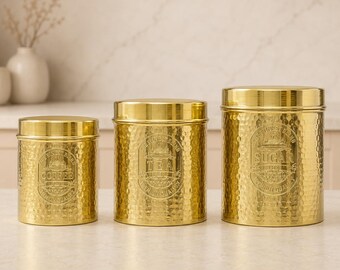 Hammered Brass Coffee Tea Sugar Canister Set of 3, Brass Kitchen Storage Jars, Gold Pantry Containers, Housewarming Gift