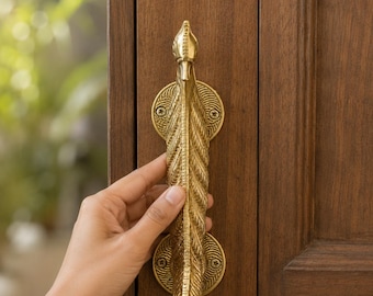 Handcrafted Brass Peacock Door Handle, Antique Feather Pull, Indian Vintage Decor