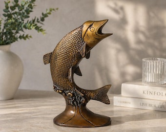 Brass Fish Sculpture, Feng Shui Lucky Fish Statue, Nautical Coastal Home Decor, Beach House Shelf Decor, Housewarming Gift for Her
