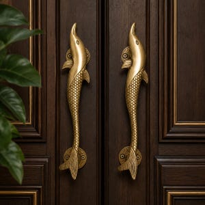 May include: Two vertical brass door handles shaped like stylized fish with detailed scale textures on the bodies and fins. Each handle is secured to a dark brown wooden door with circular mounting plates featuring visible screw heads at the top and bottom.