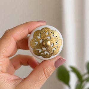 Ceramic Knobs | White Gold Cabinet Drawer Pulls | Brass Filigree Kitchen Hardware | Dresser Knobs, Boho Home Decor Gift
