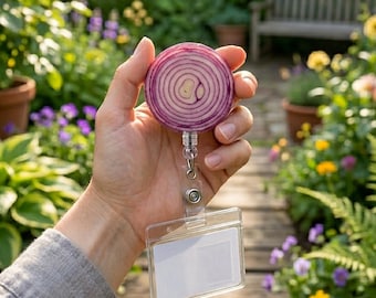 Porta badge a forma di cipolla, porta badge in acrilico stampato UV, clip con design alimentare